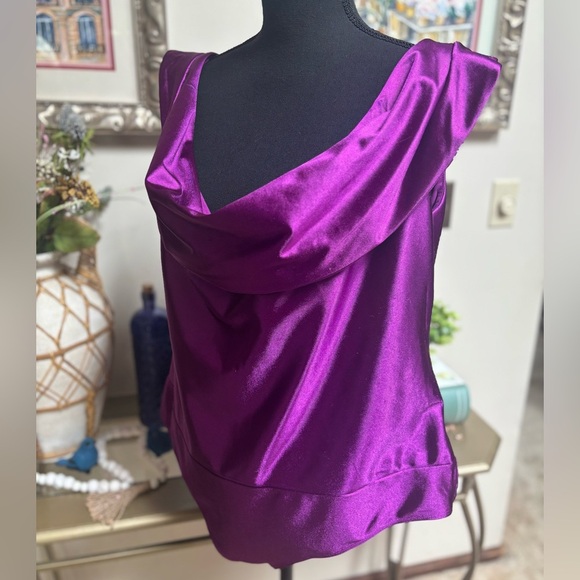 EXPRESS Bodysuit Vibrant Purple Metallic Glam Off The Shoulder Satin Thong Sz XL - Picture 5 of 10